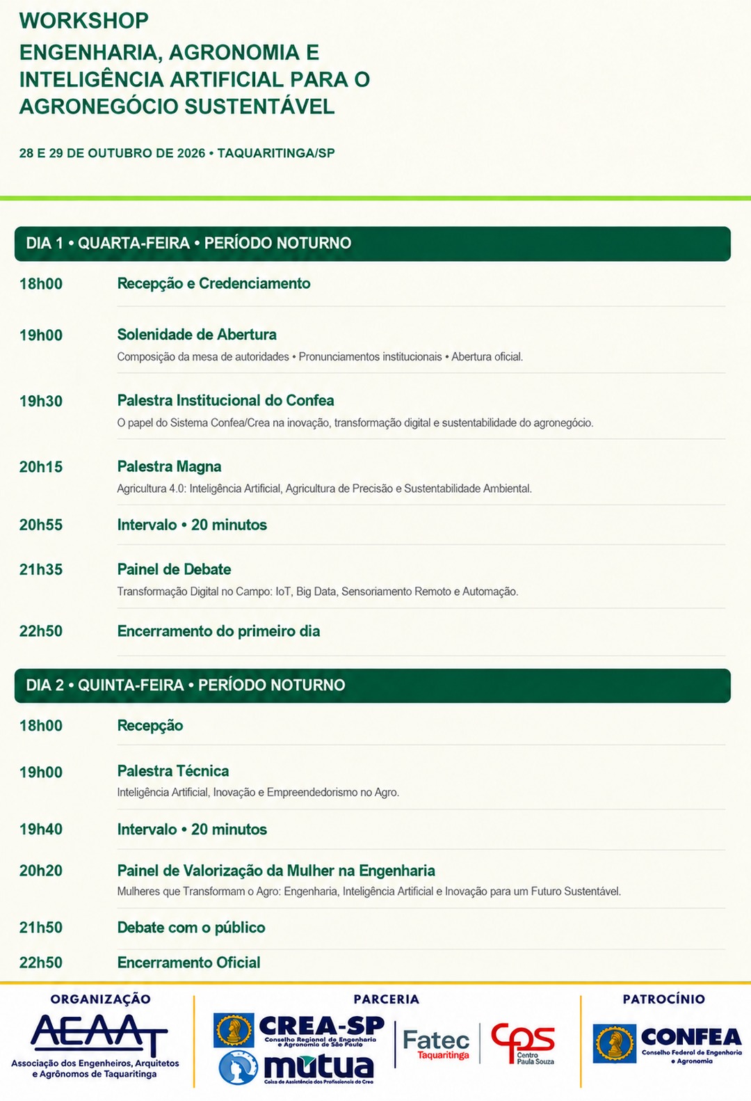 Programação oficial do Workshop Engenharia, Agronomia e Inteligência Artificial para o Agronegócio Sustentável !